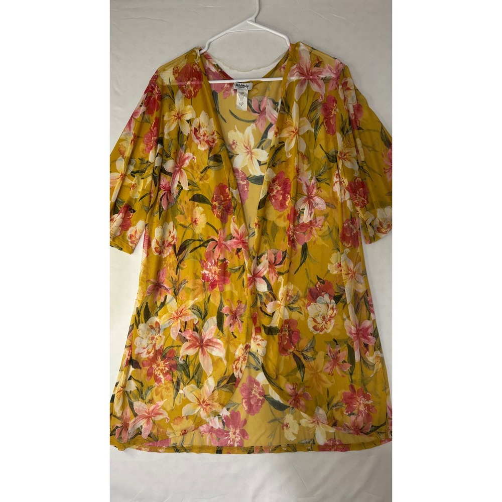 StitchWurks Los Angeles Yellow Floral Sheer Mesh Kimono Cardigan Medium 0659